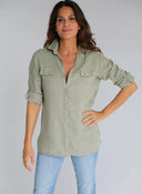 Camisola Bolsillos Kaki Lino Mujer