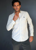 Camisa Hombre Sarga Beige Cuello Botón