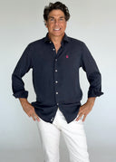 Camisa Tencel Azul Marino Cuello Italiano Hombre