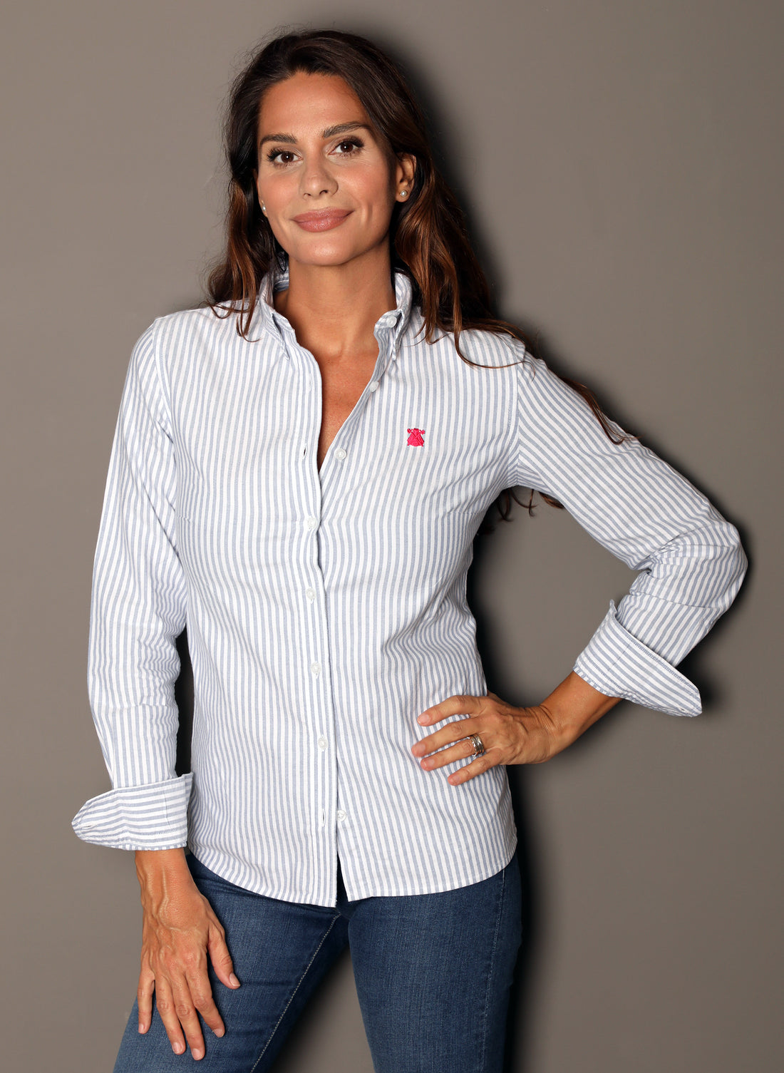 Women's Shirt Button Neck Wide Stripe Blue