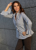 Camisa Azul Villela Fina Cuadro Vichy Volante Puño Mujer