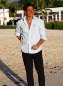 Camisa Popelín Azul Claro Cuello Italiano Hombre