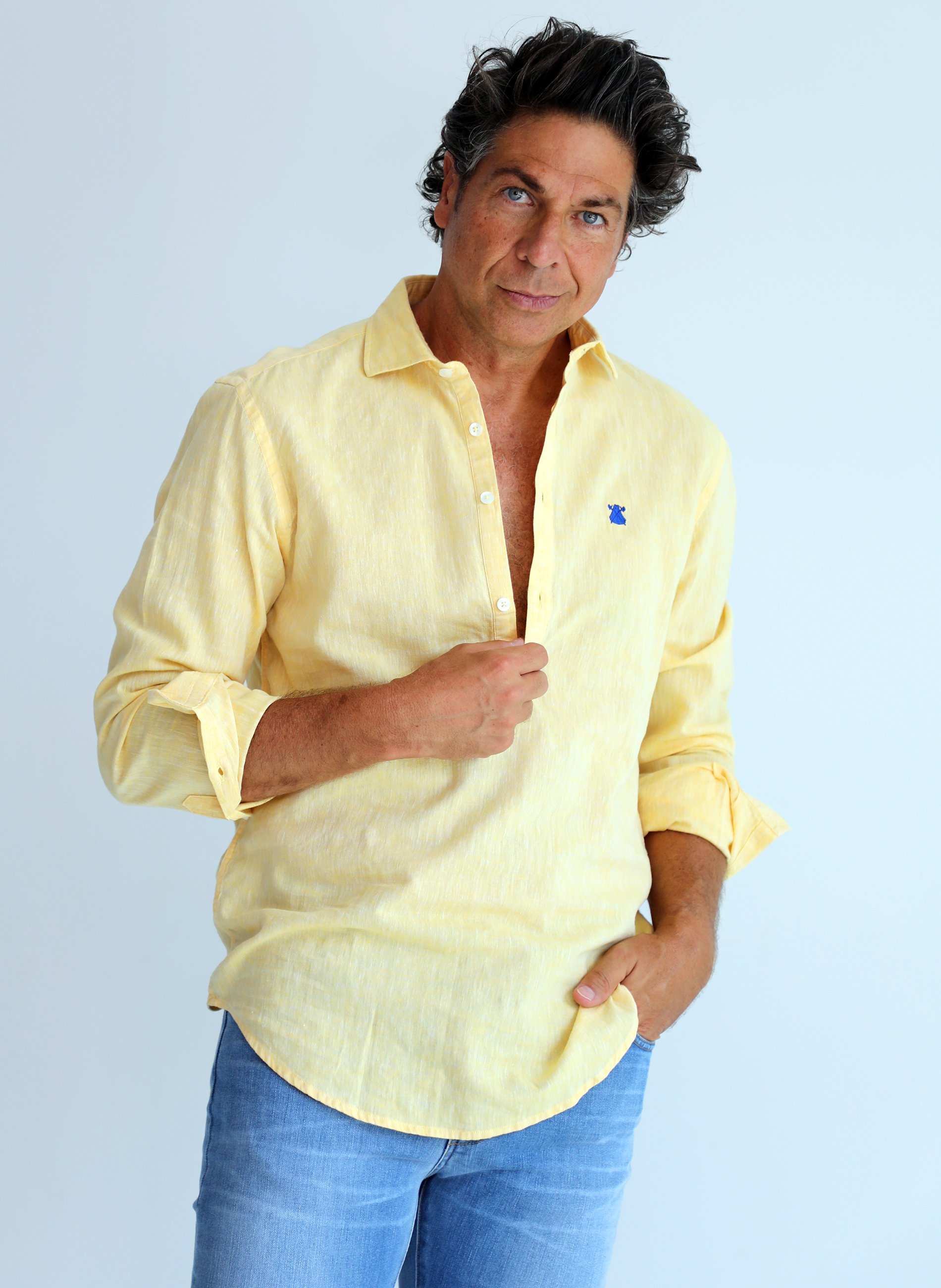 Man Yellow Italian Collar Linen Shirt