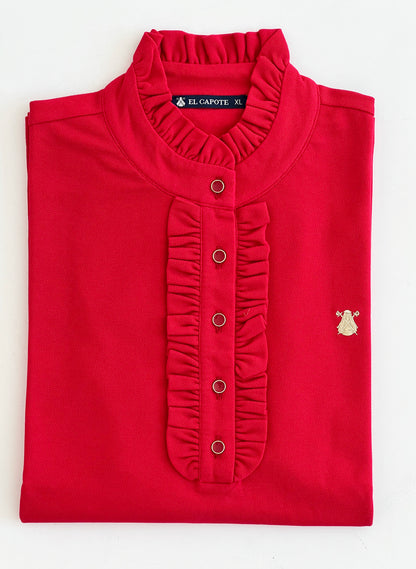 Rotes Damen-Poloshirt mit Rüschen