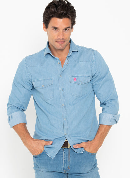 Men's Light Blue Denim Shirt Pockets