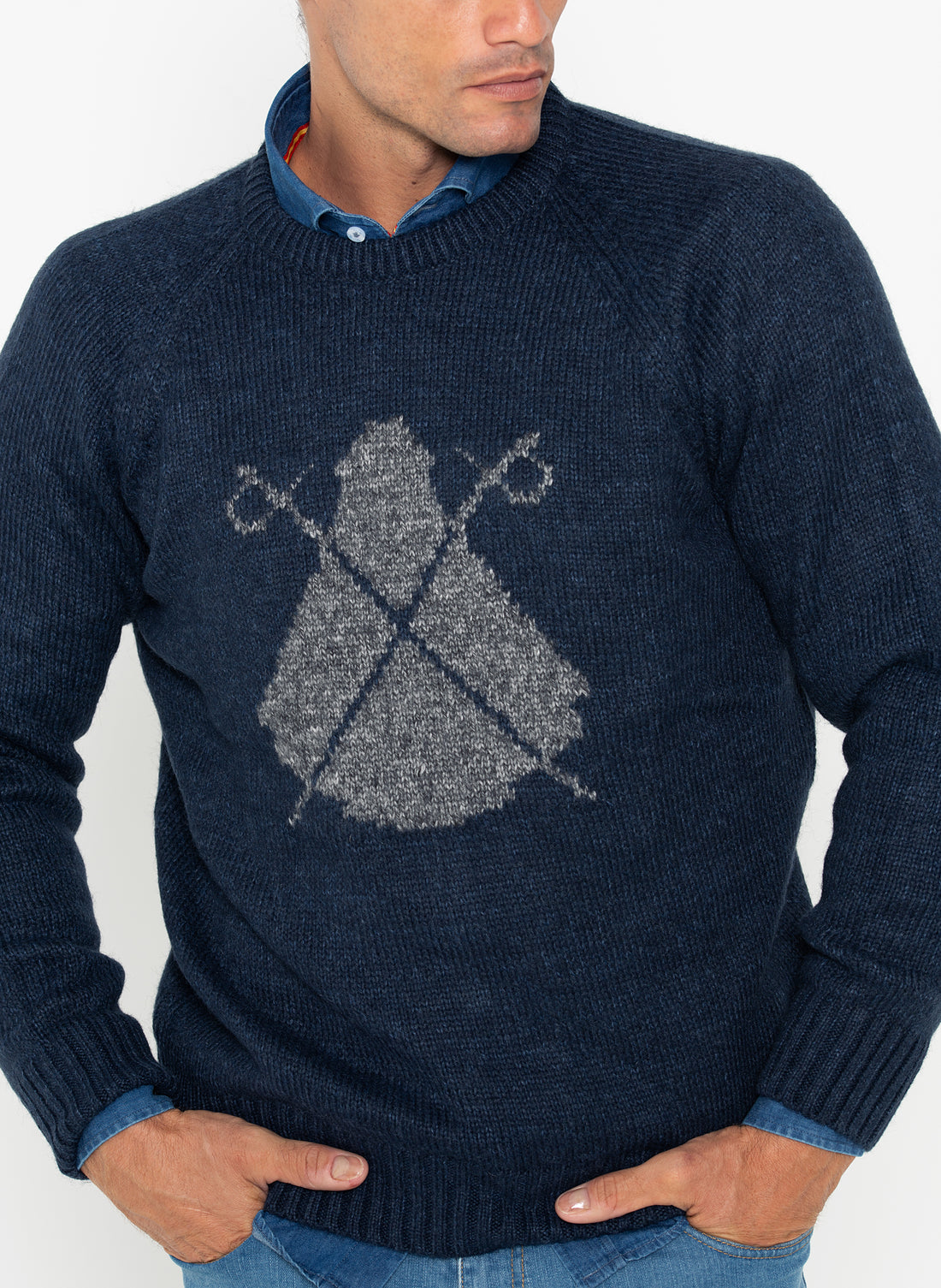 Blauwe Intarsia grijze cape-sweater voor heren