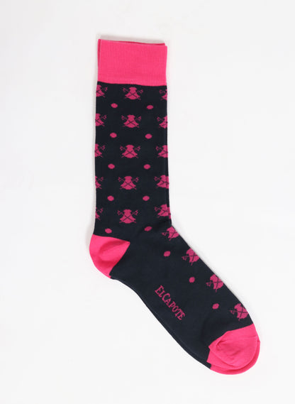 Marineblaue Socke mit rosa Tupfen und Hauben