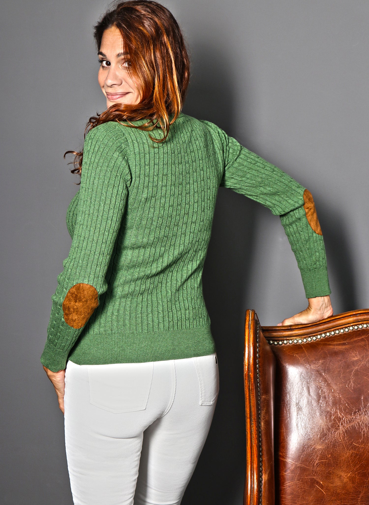 Woman Green Cable Knit Sweater with Elbows 