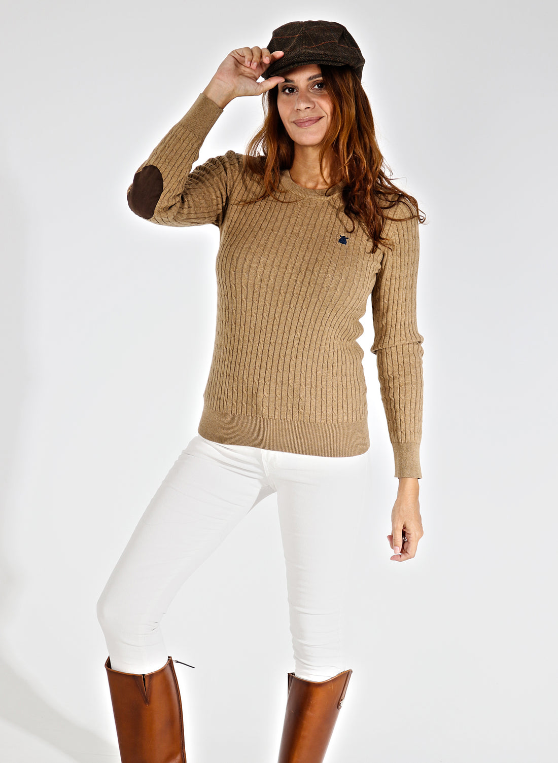 Camel Woman Cable Knit Sweater with Elbow Patches