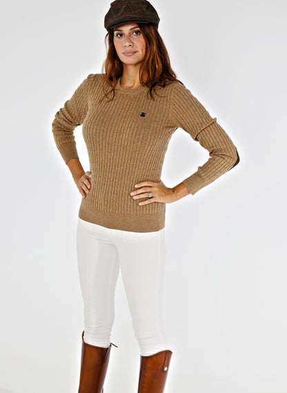 Camel Cable Knit Women's Sweater with Elbow Pads