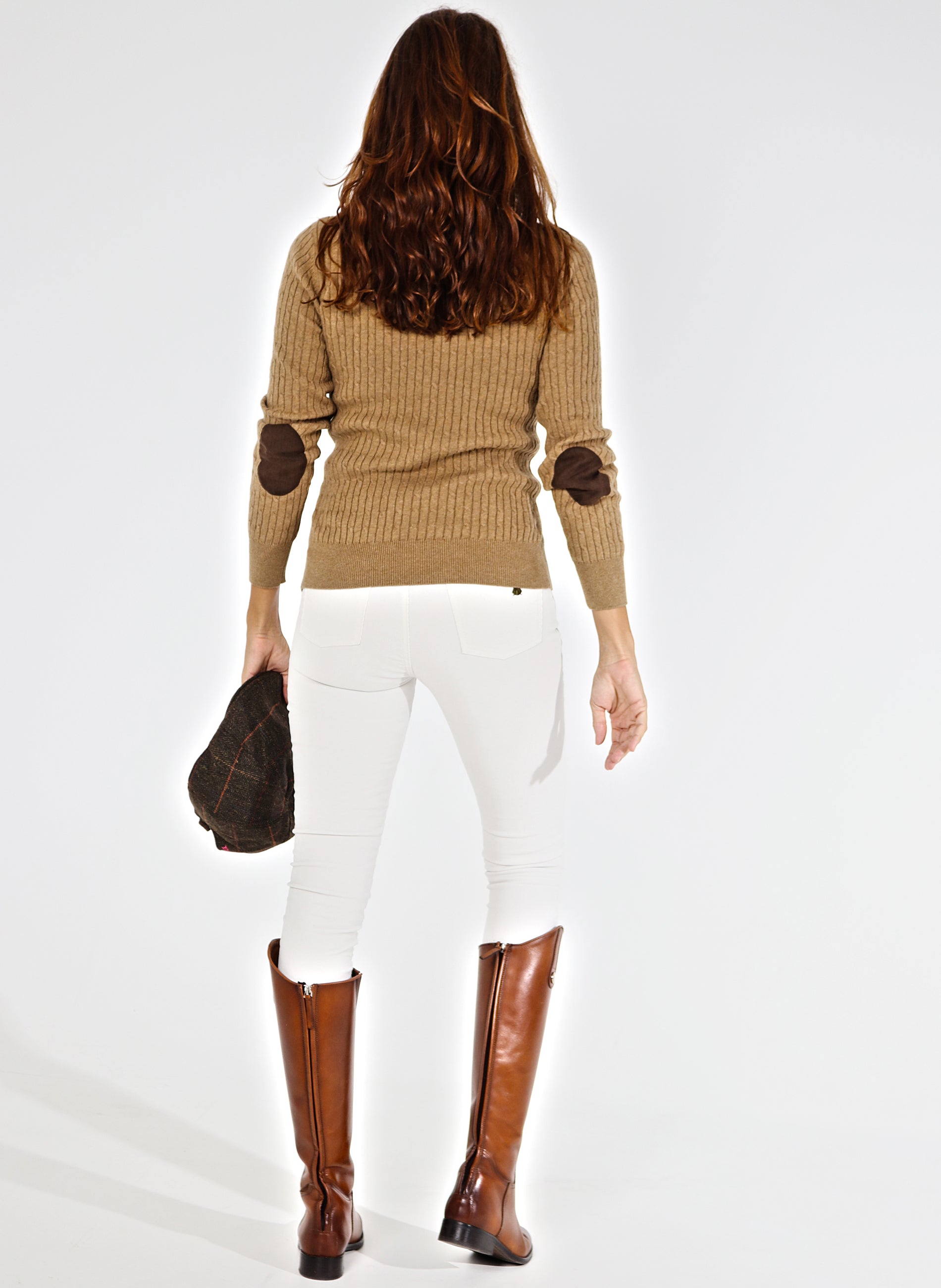 Camel Cable Knit Women's Sweater with Elbow Pads