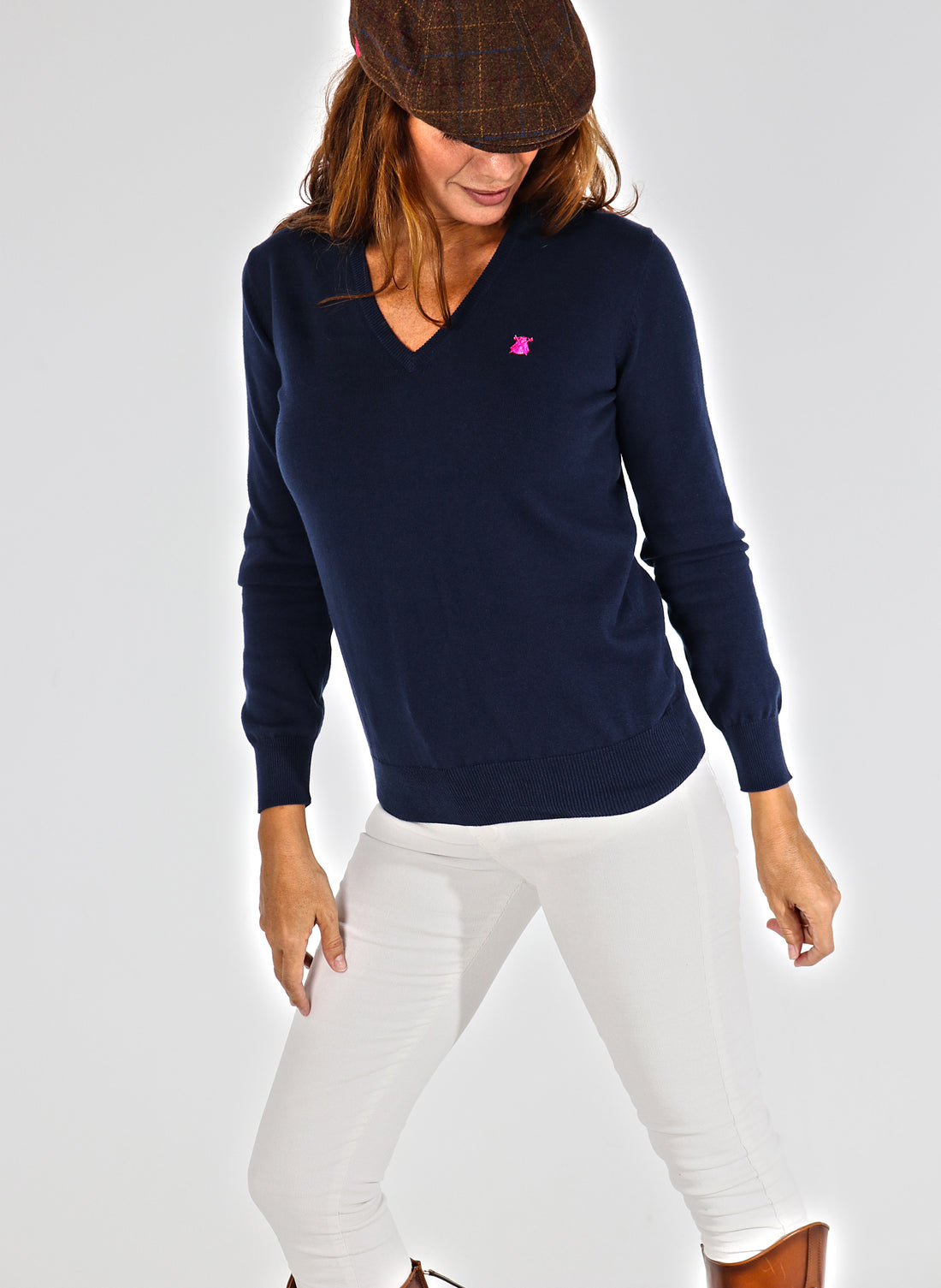 Navy Blue Women's V-Neck Sweater with Elbow Patches