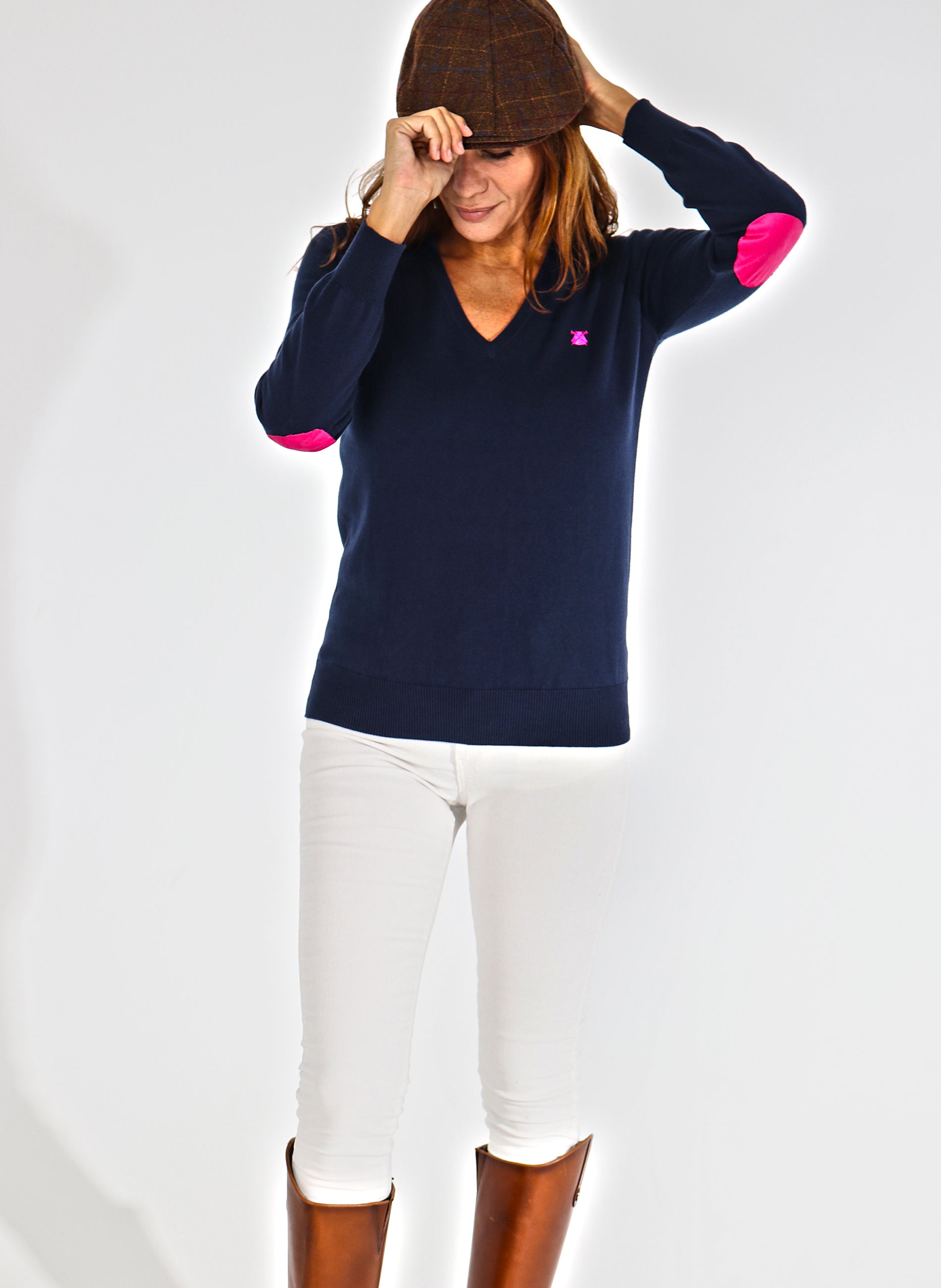Navy Blue Women's V-Neck Sweater with Elbow Patches