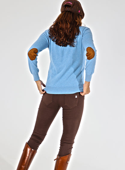 Women's Sky Blue V-Neck Sweater with Elbow Pads