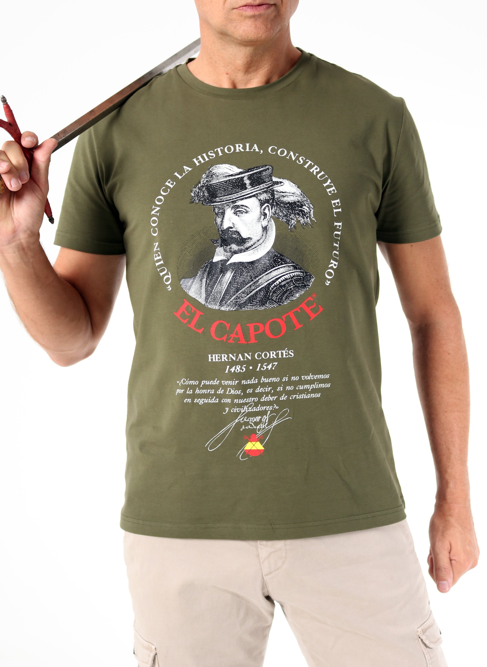 Khakigrünes Herren-T-Shirt Hommage an Hernán Cortés
