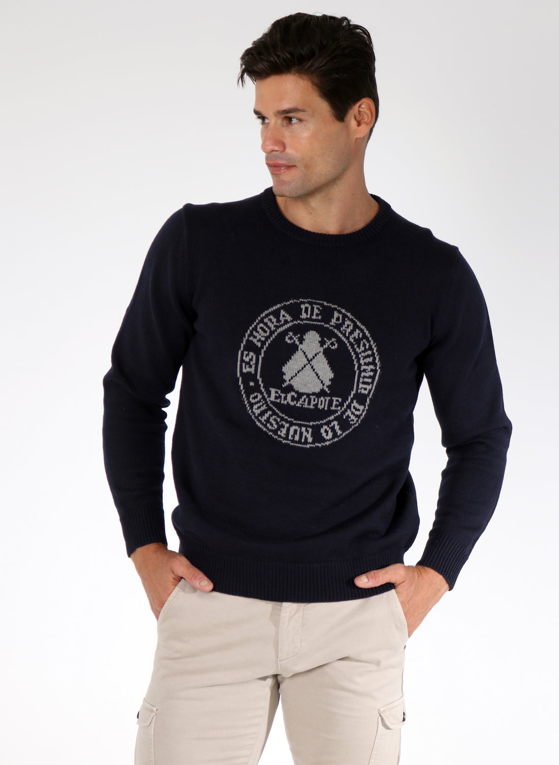 Marine-trui voor heren met ronde slogan