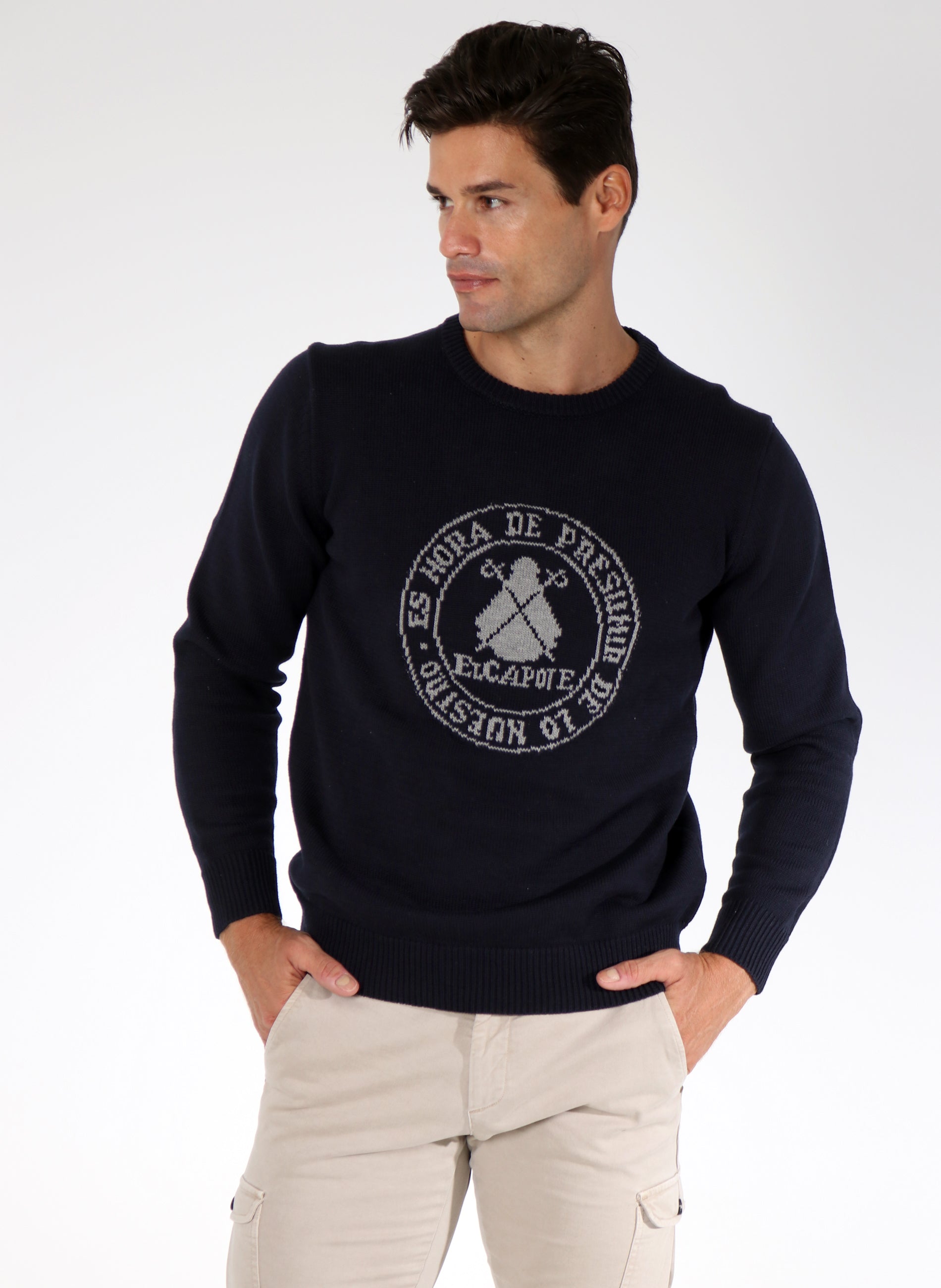 Marineblauer Pullover für Herren mit kreisförmigem Slogan