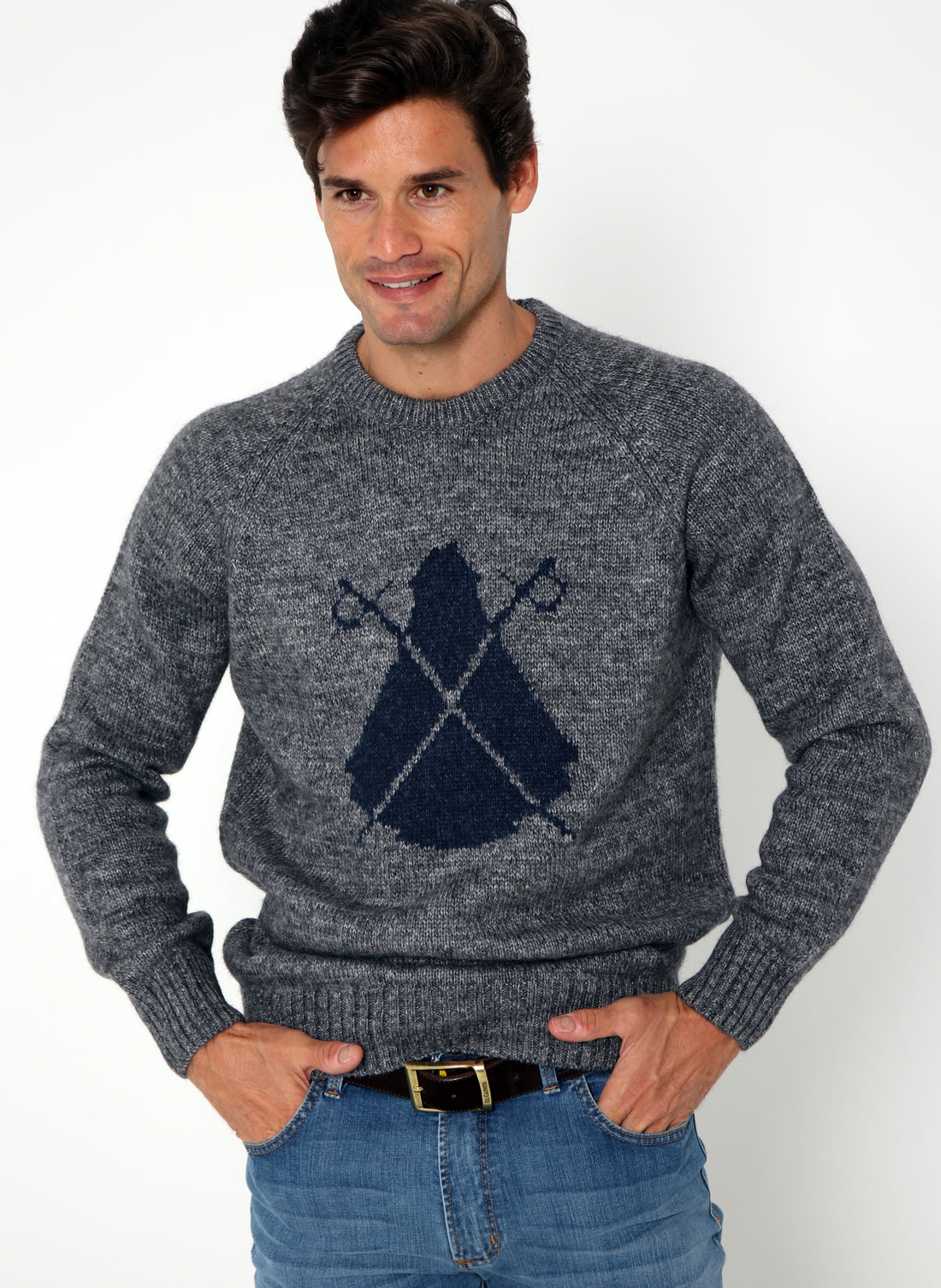 Grijze Intarsia Navy Cape-sweater voor heren