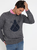 Pull Cape Homme Gris Intarsia Bleu Marine