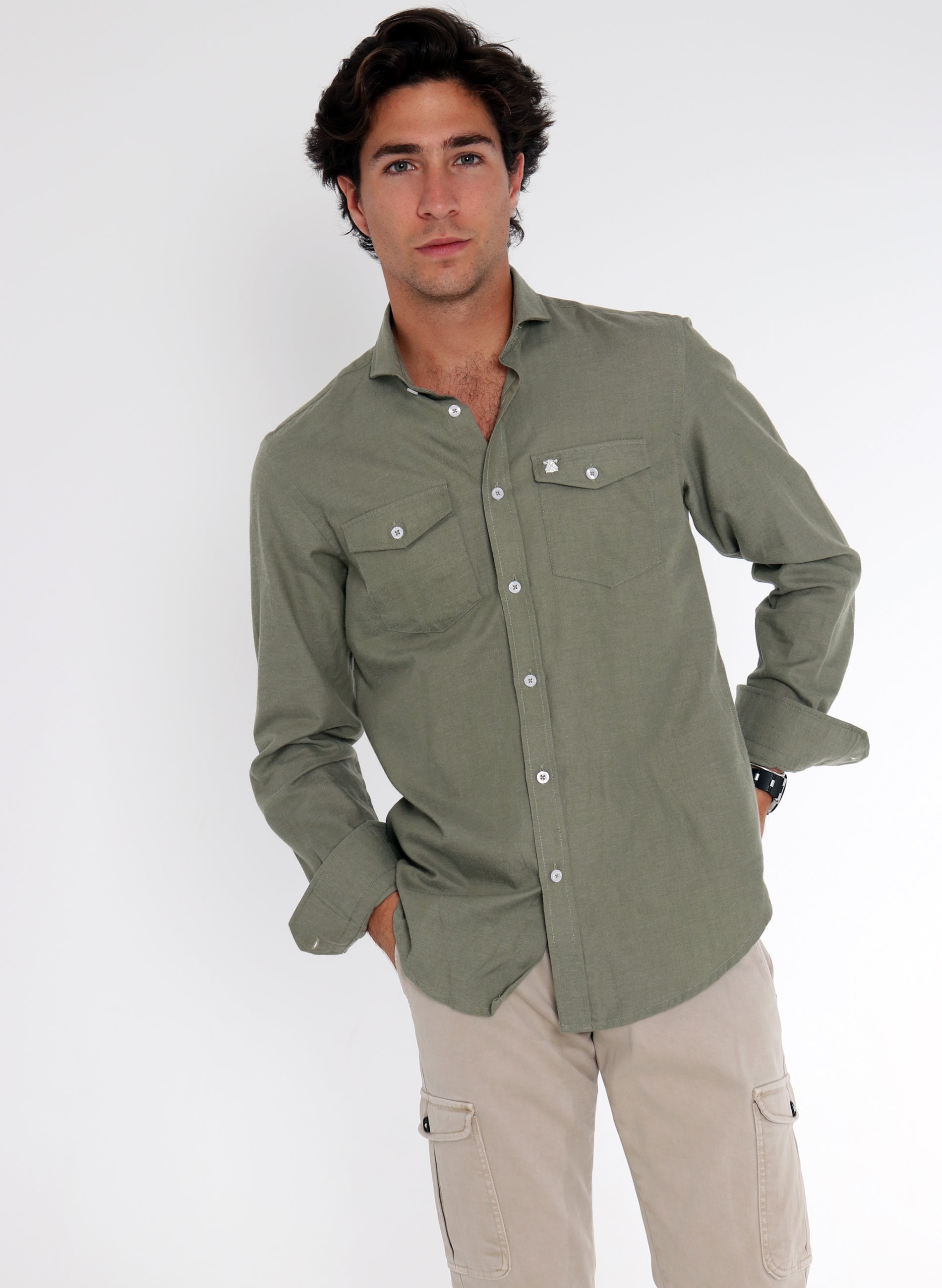 Green Twill Shirt Two Pockets Man