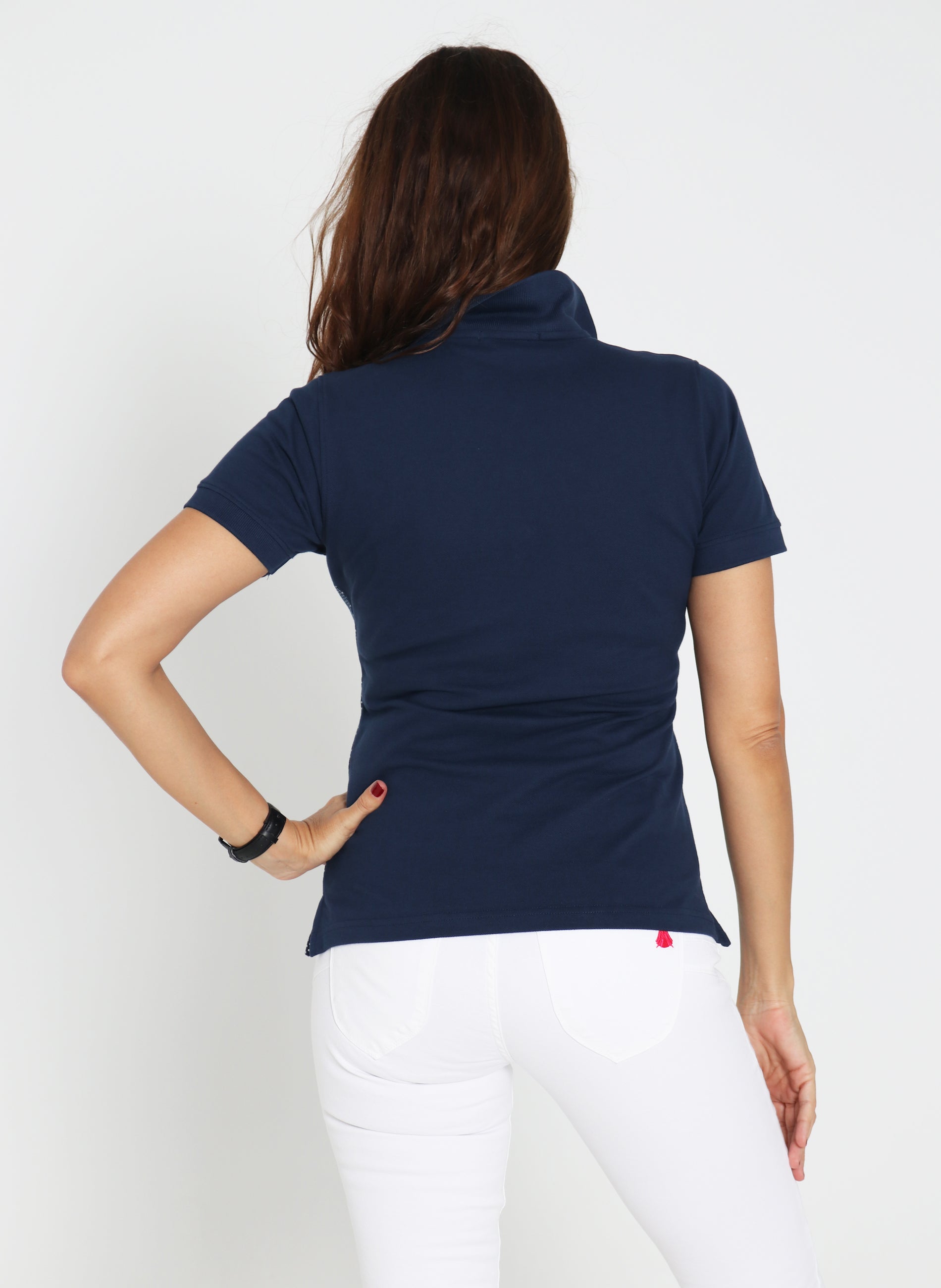 Klassisches blaues gepunktetes Poloshirt für Damen