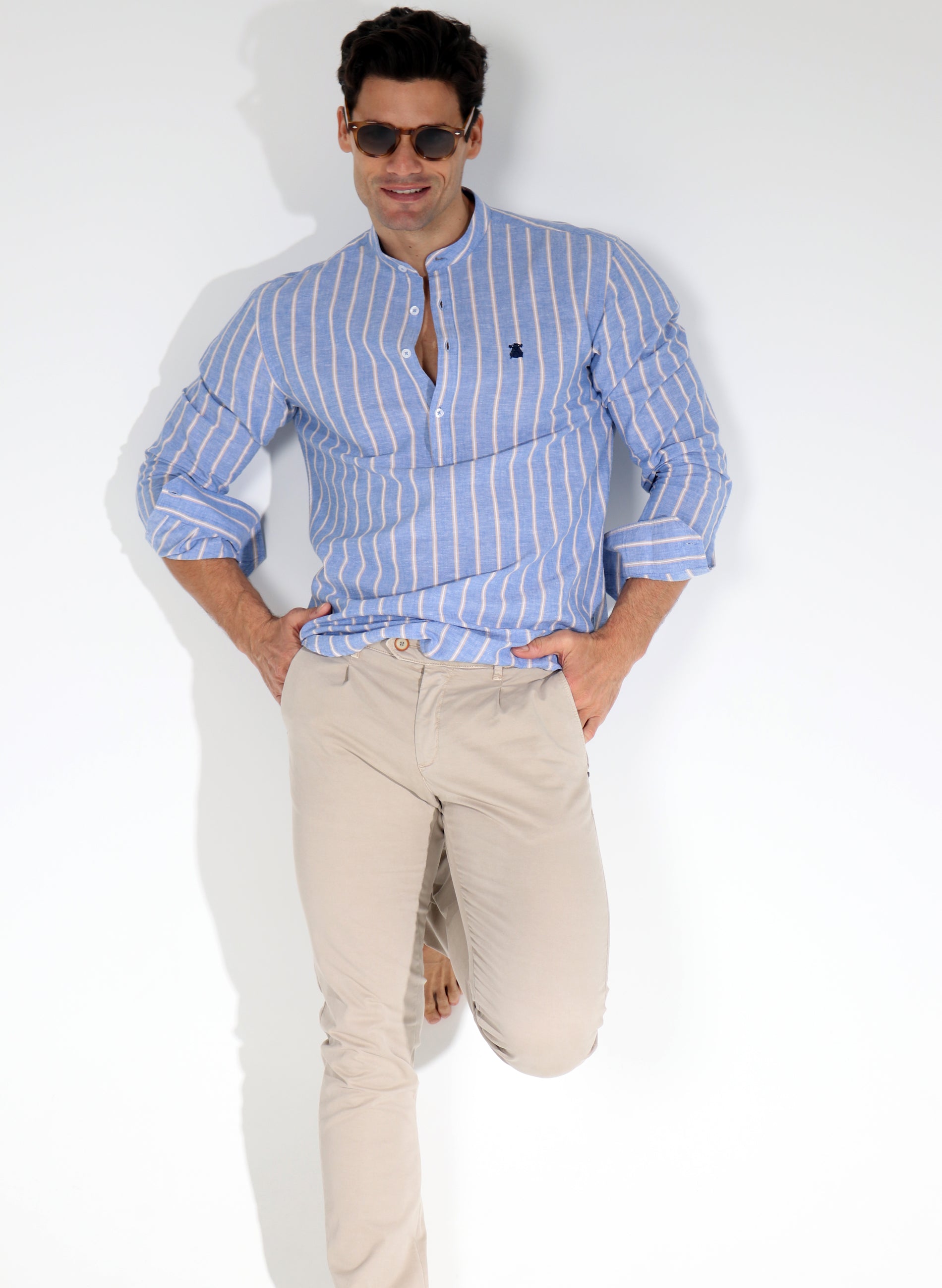 Mandarin Collar Blue Striped Beige Shirt