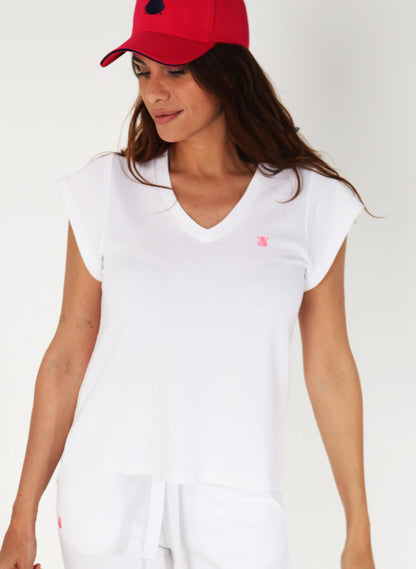 T-shirt Blanc Femme Col V