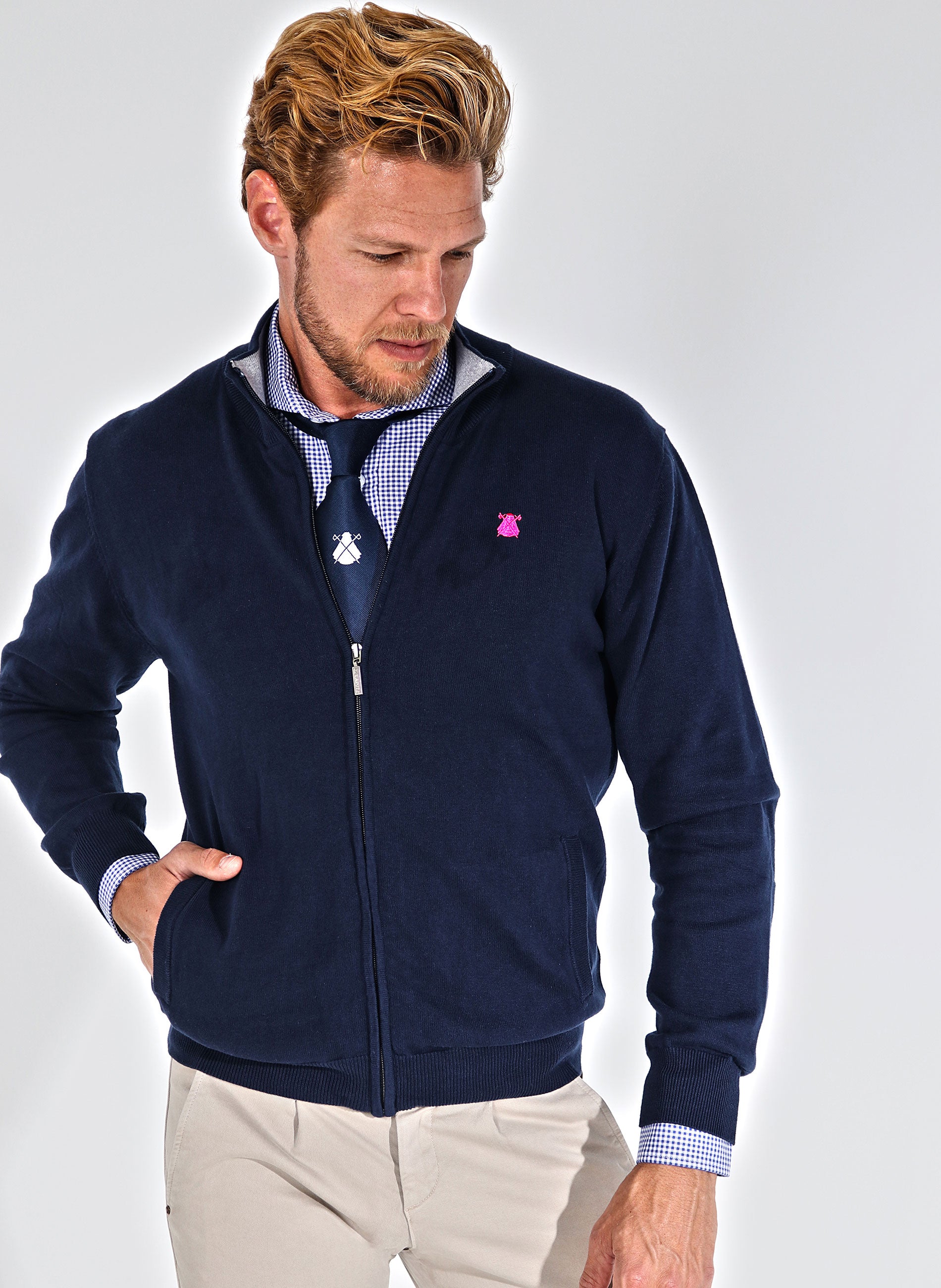 Navy Blue Knitted Jacket with Zipper for Men