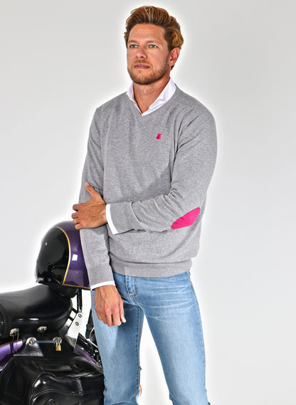 Gray Sweater Pink Elbow Pads Man