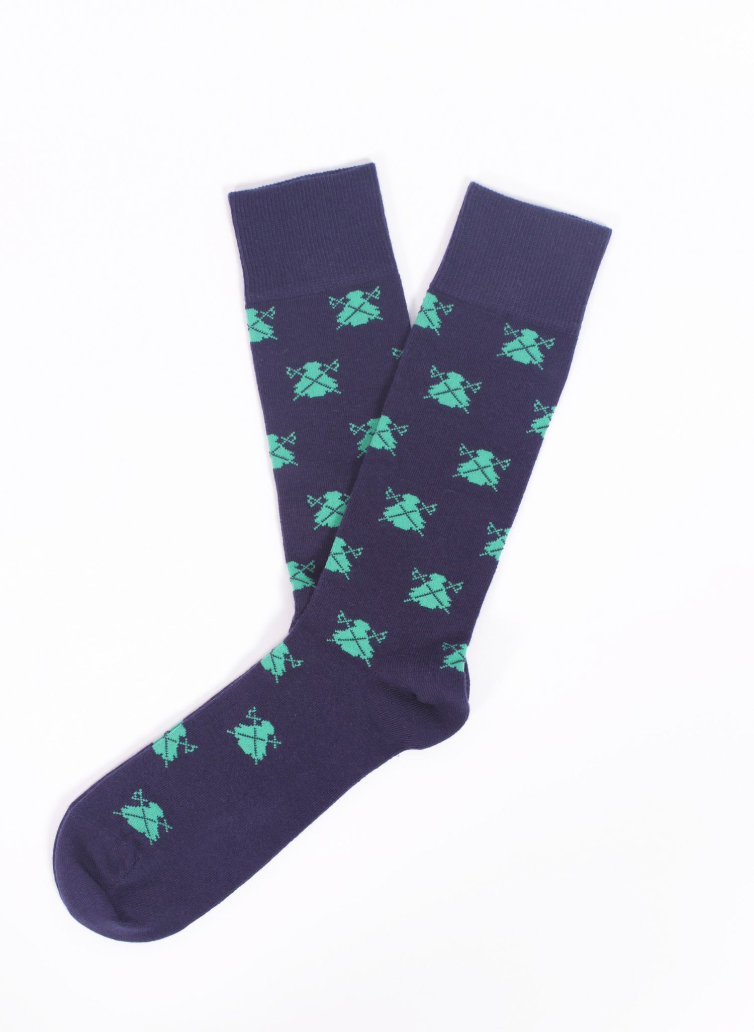 Marineblaue Socke mit grünen Logos