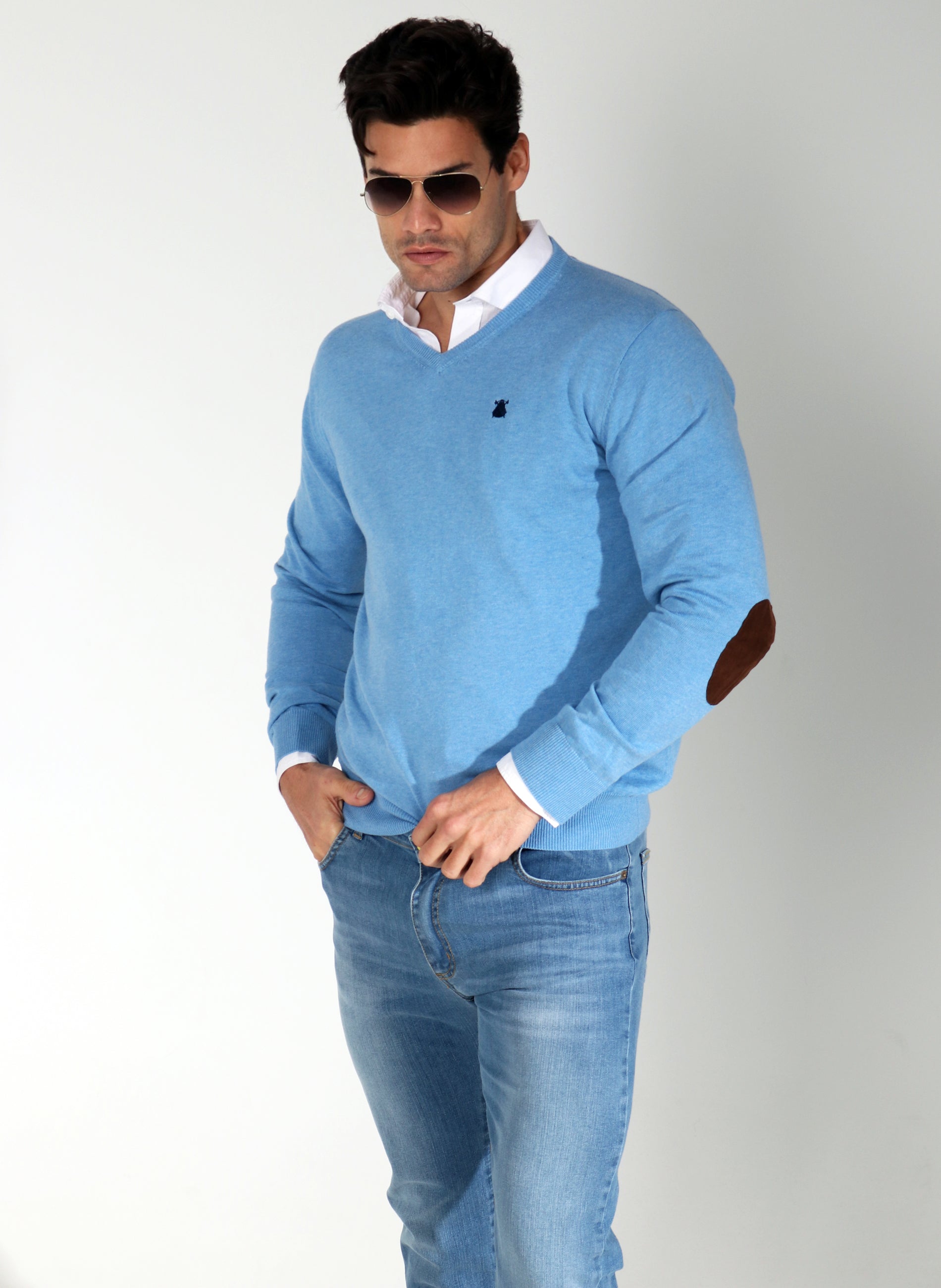 Man Light Blue Elbow Pads Sweater