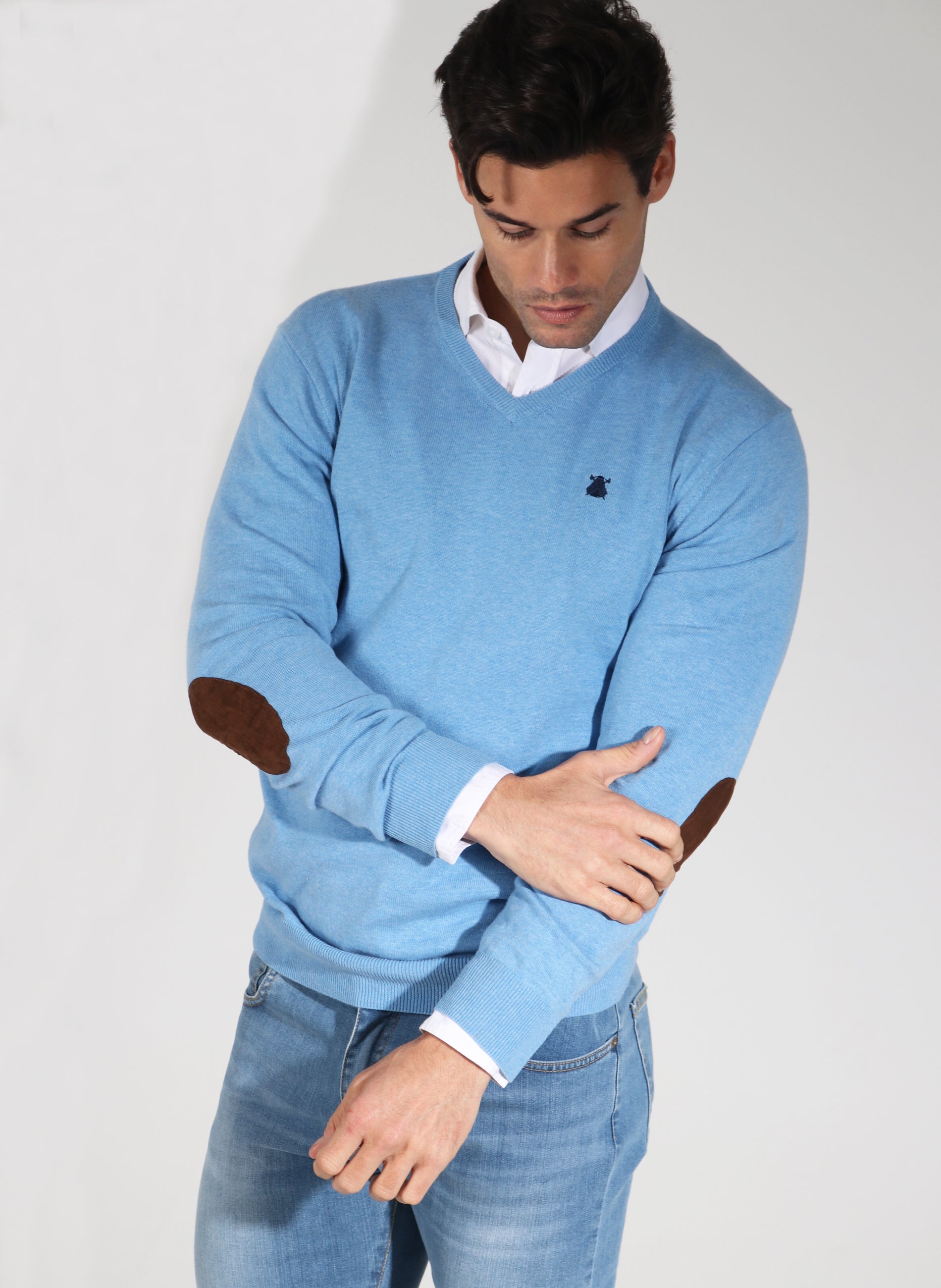 Man Light Blue Elbow Pads Sweater