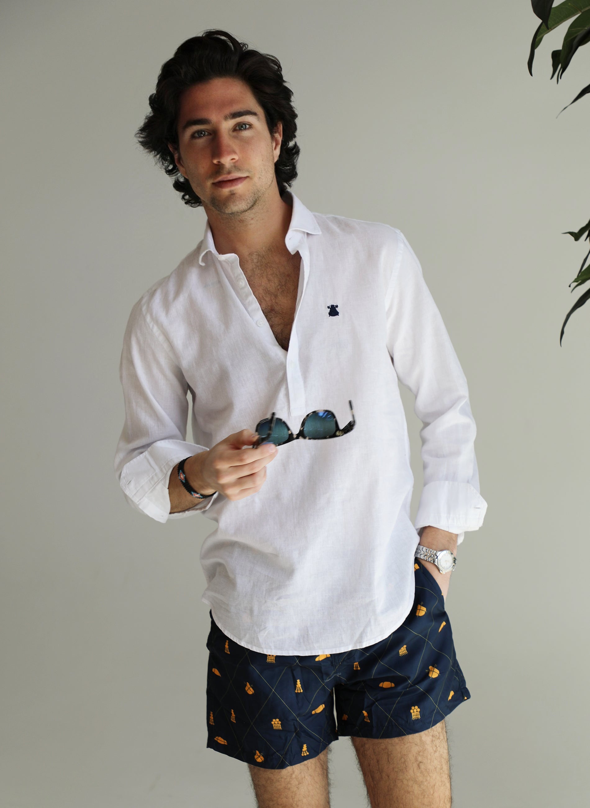 Men's White Italian Collar Linen Shirt