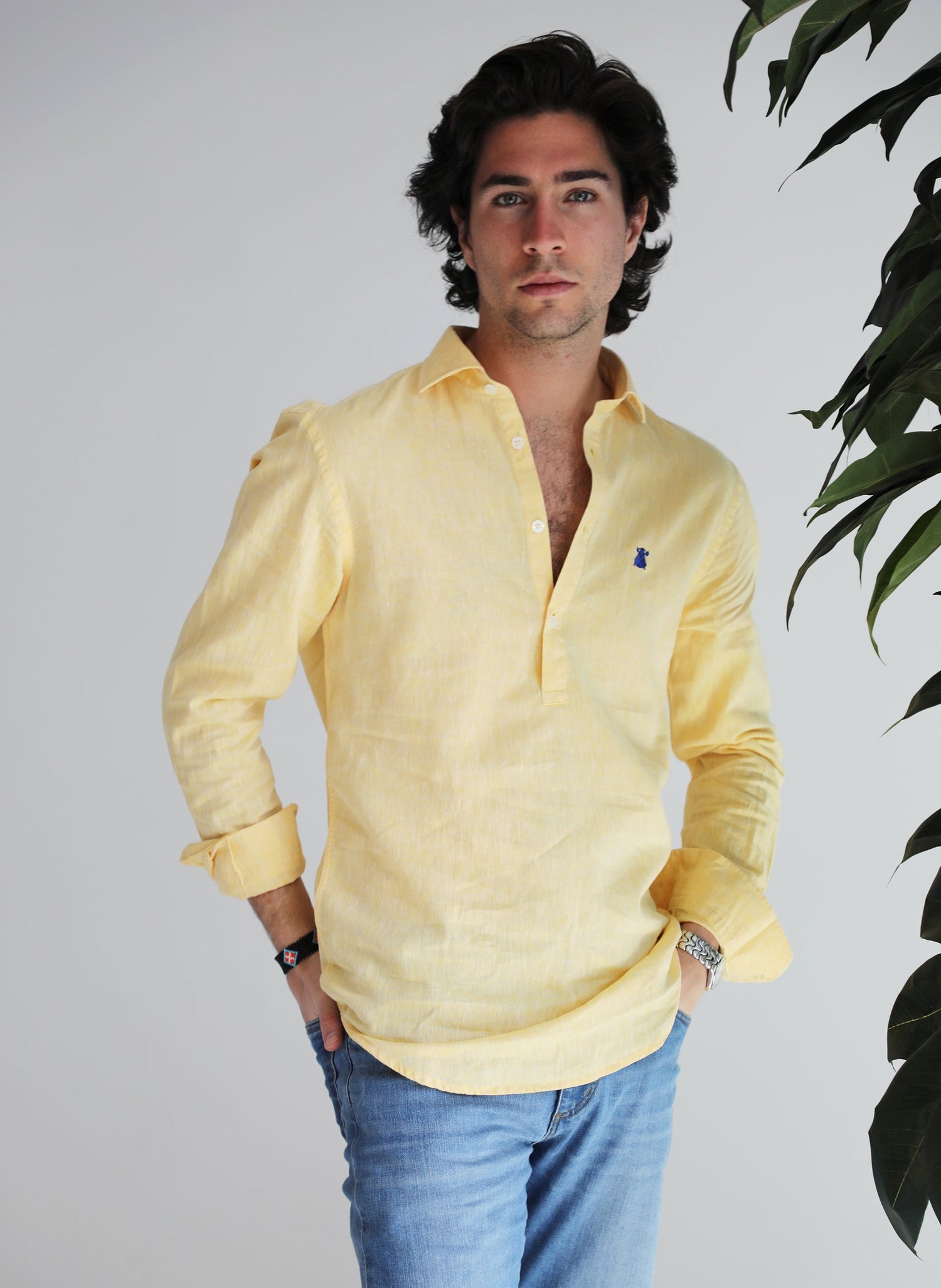 Man Yellow Italian Collar Linen Shirt