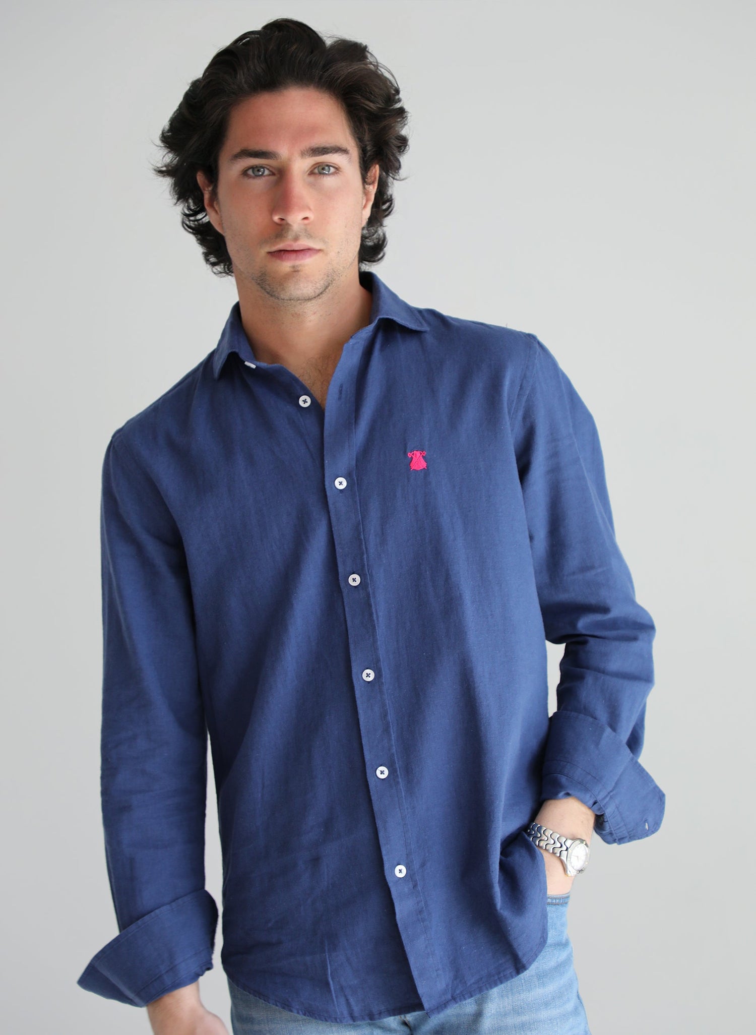 Camisa Hombre Lino Azul