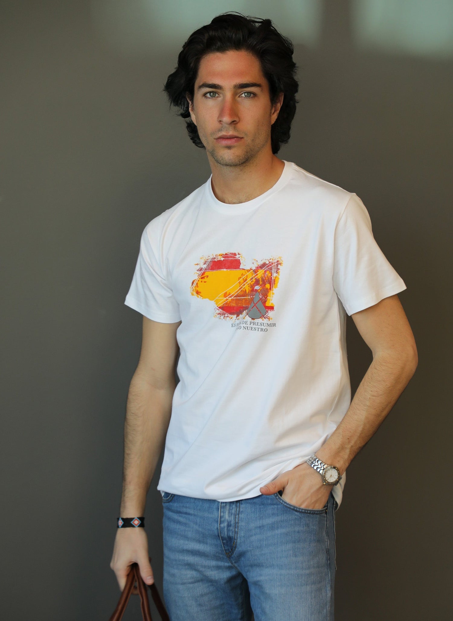 Camiseta Hombre Blanca Bandera de España Envejecida