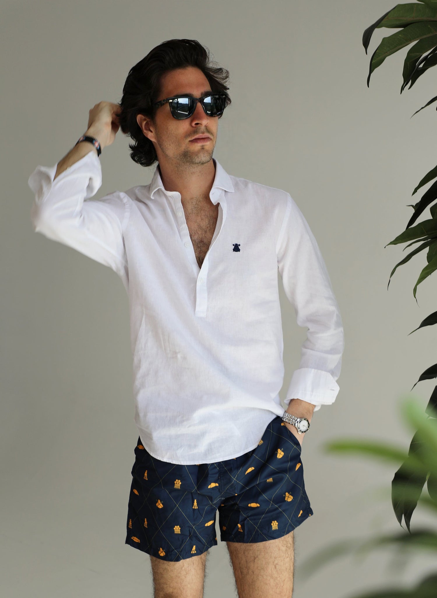 Men's White Italian Collar Linen Shirt