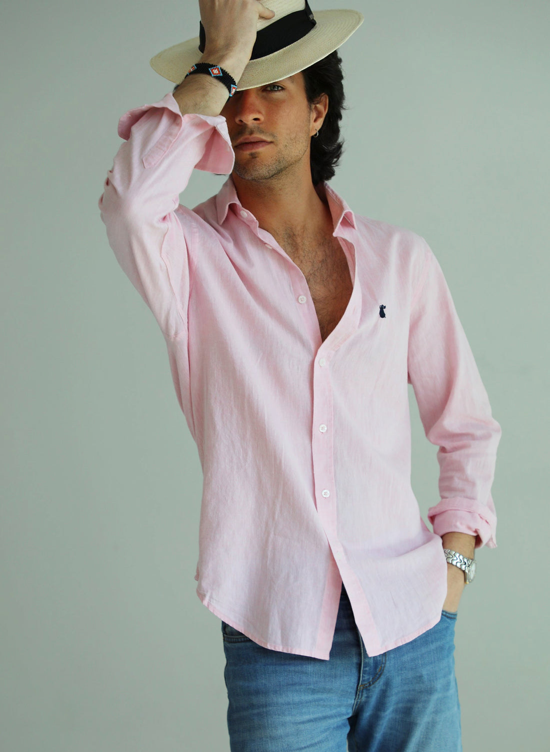 Camisa Hombre Lino Rosa Palo
