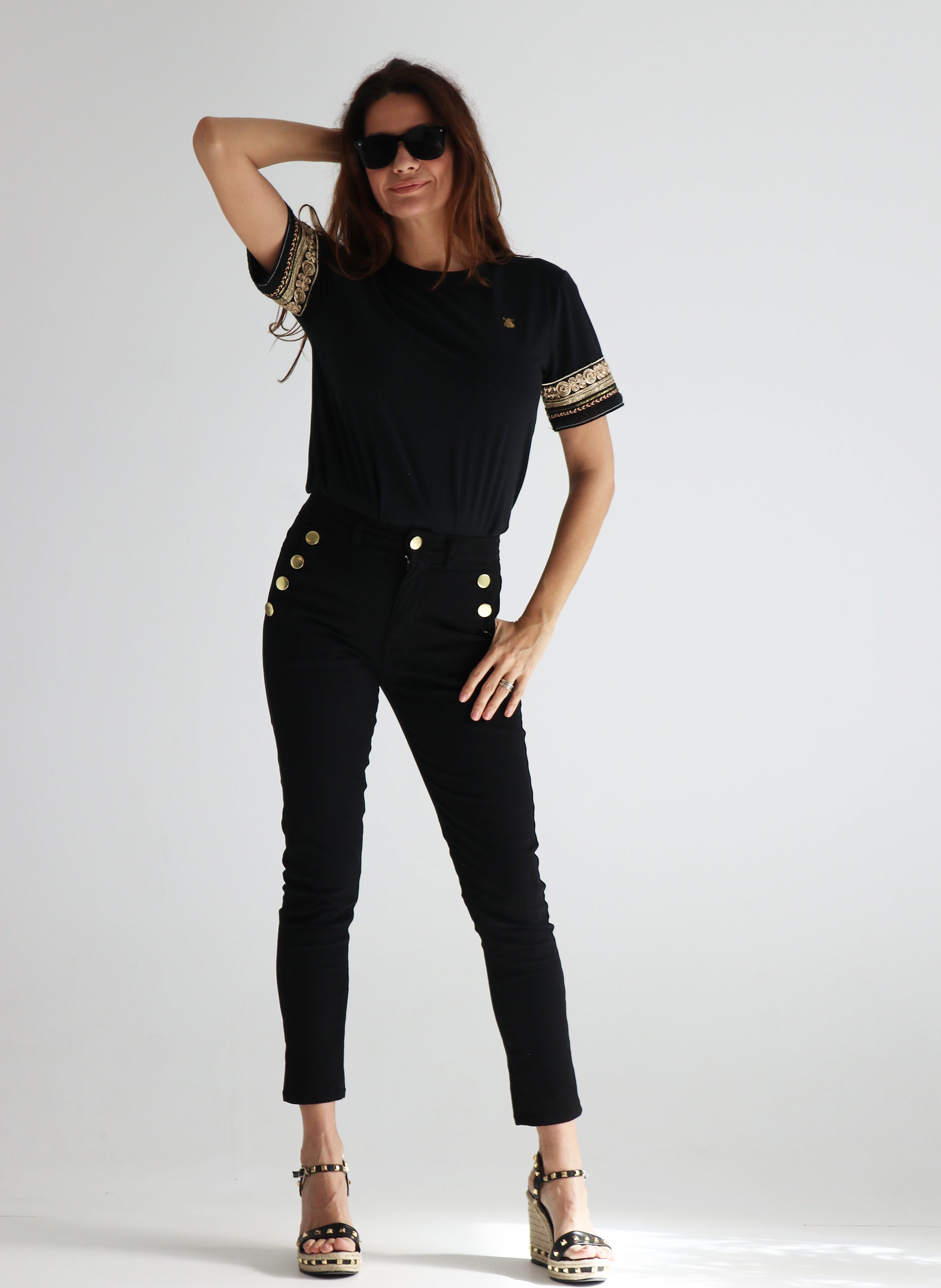 Black Twill Pants Buttons Woman