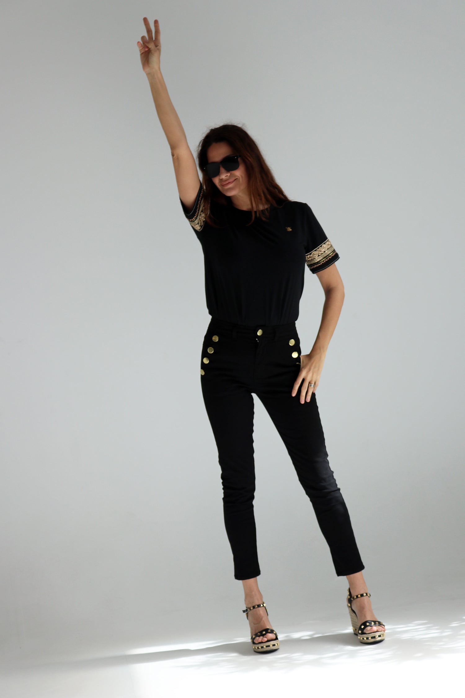 Black Twill Pants Buttons Woman