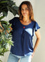 Blusa Azul Marino Manga Corta Volantes Mujer