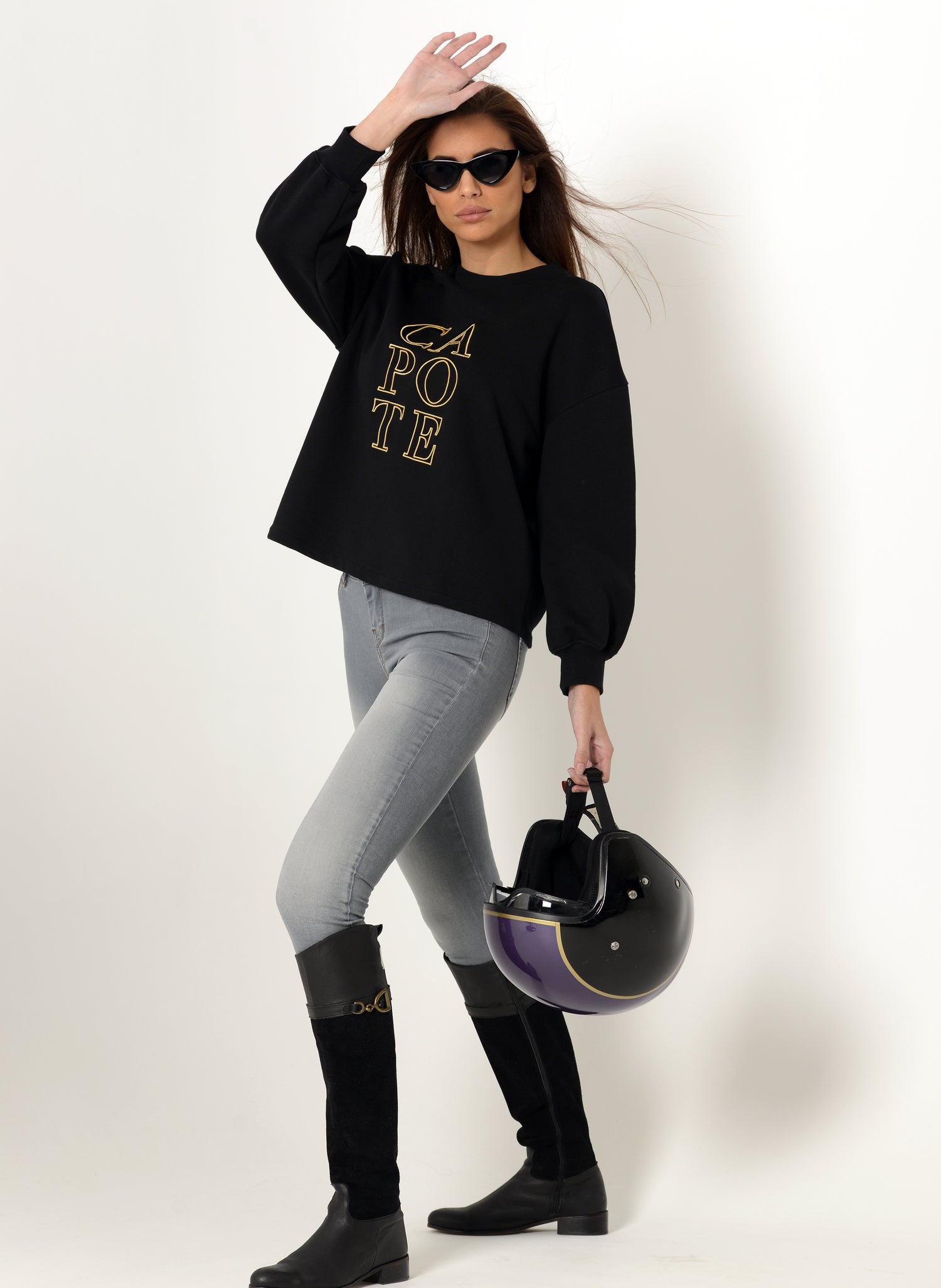 Schwarzes Damen-Sweatshirt mit Rundhalsausschnitt