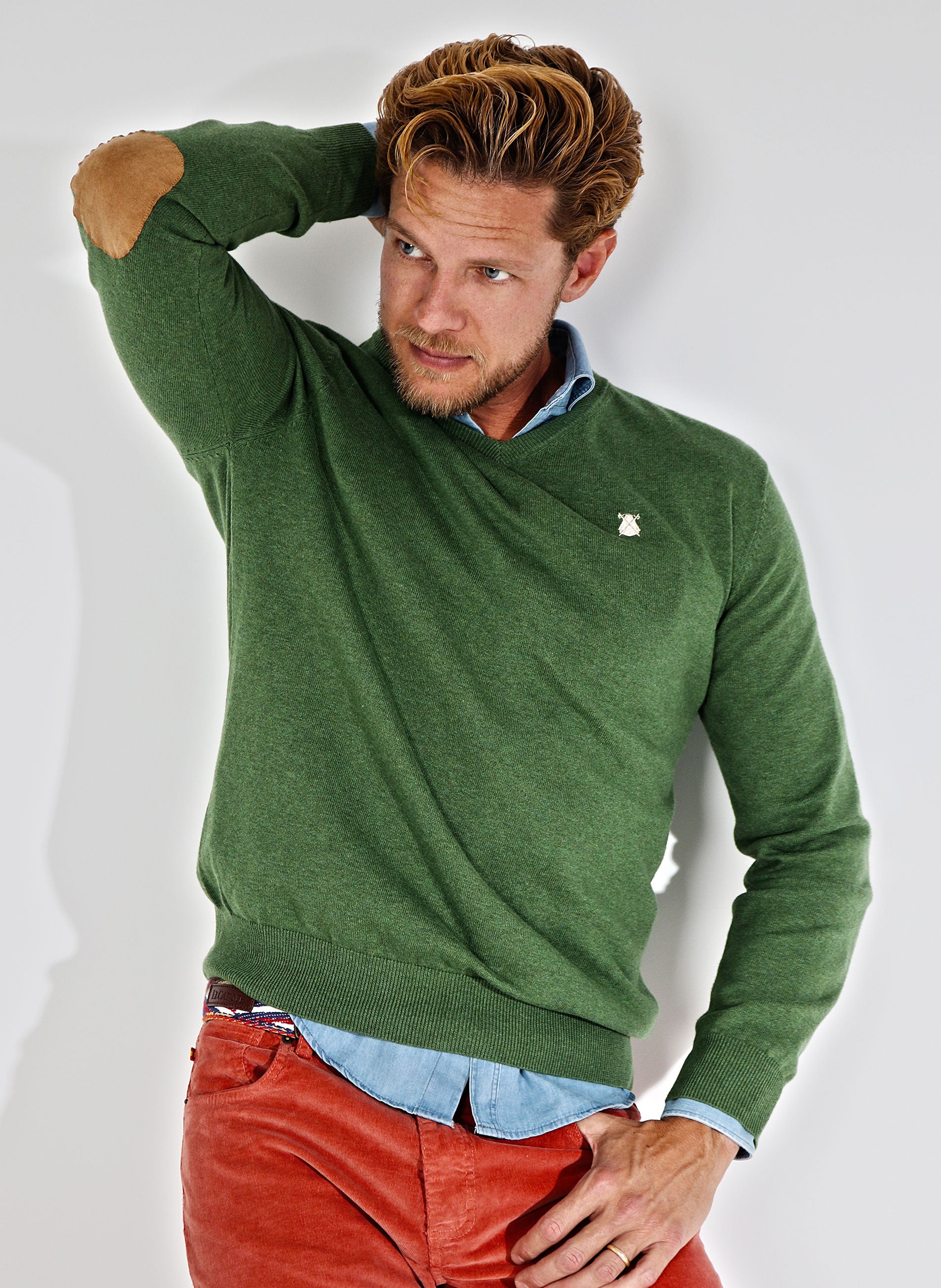 Green Sweater V-Neck Elbow Pads Man