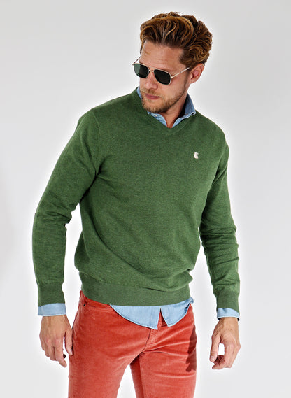 Green Sweater V-Neck Elbow Pads Man