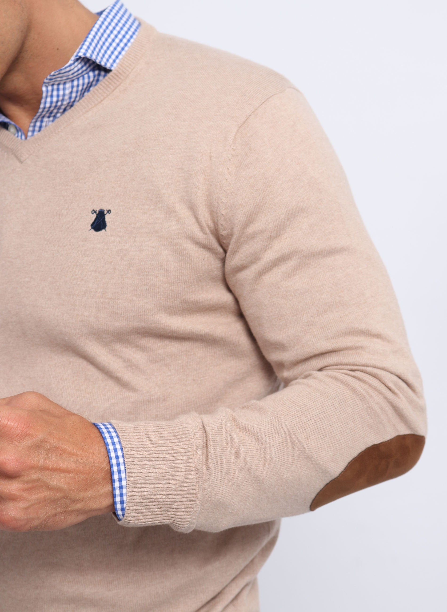 Men's Beige V-Neck Sweater Elbow Patches